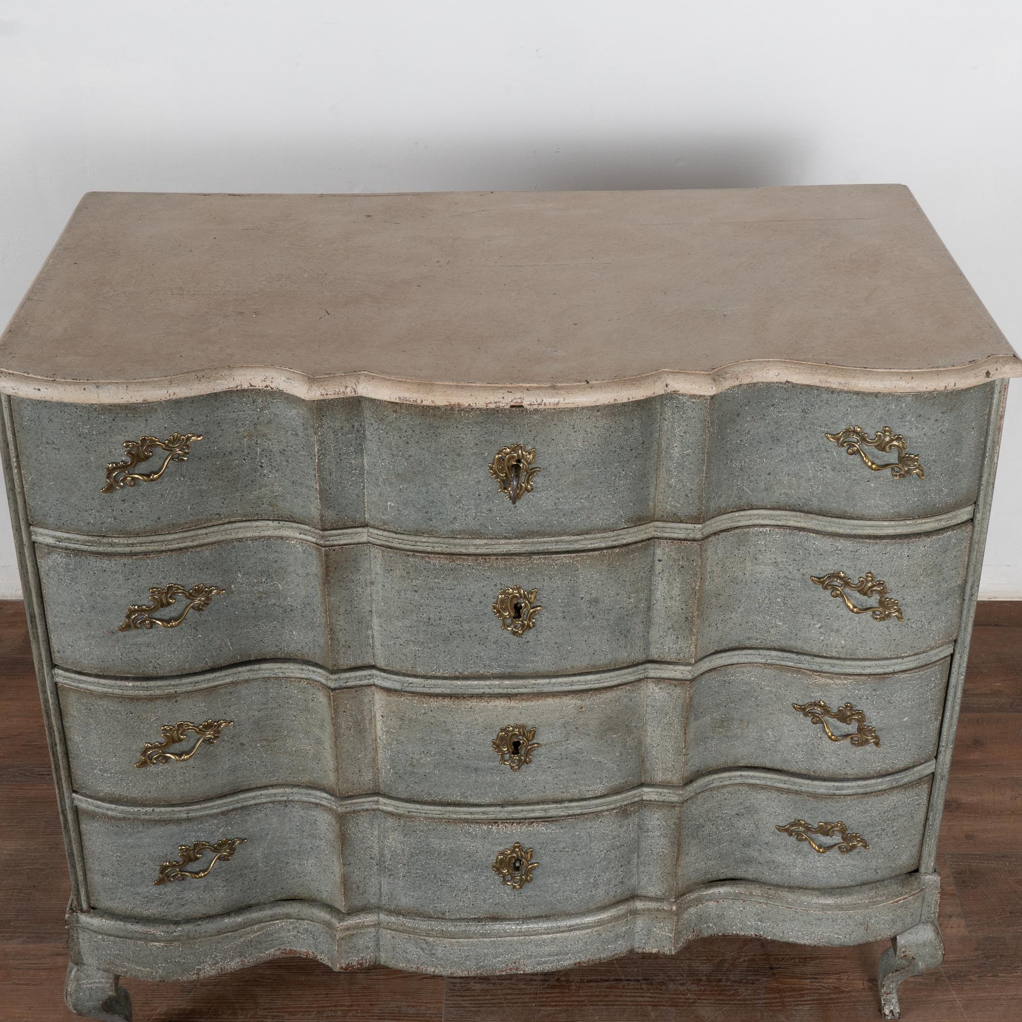 18th Century Blue Painted Large Rococo Oak Chest of Four Drawers, Sweden circa 1750-1800