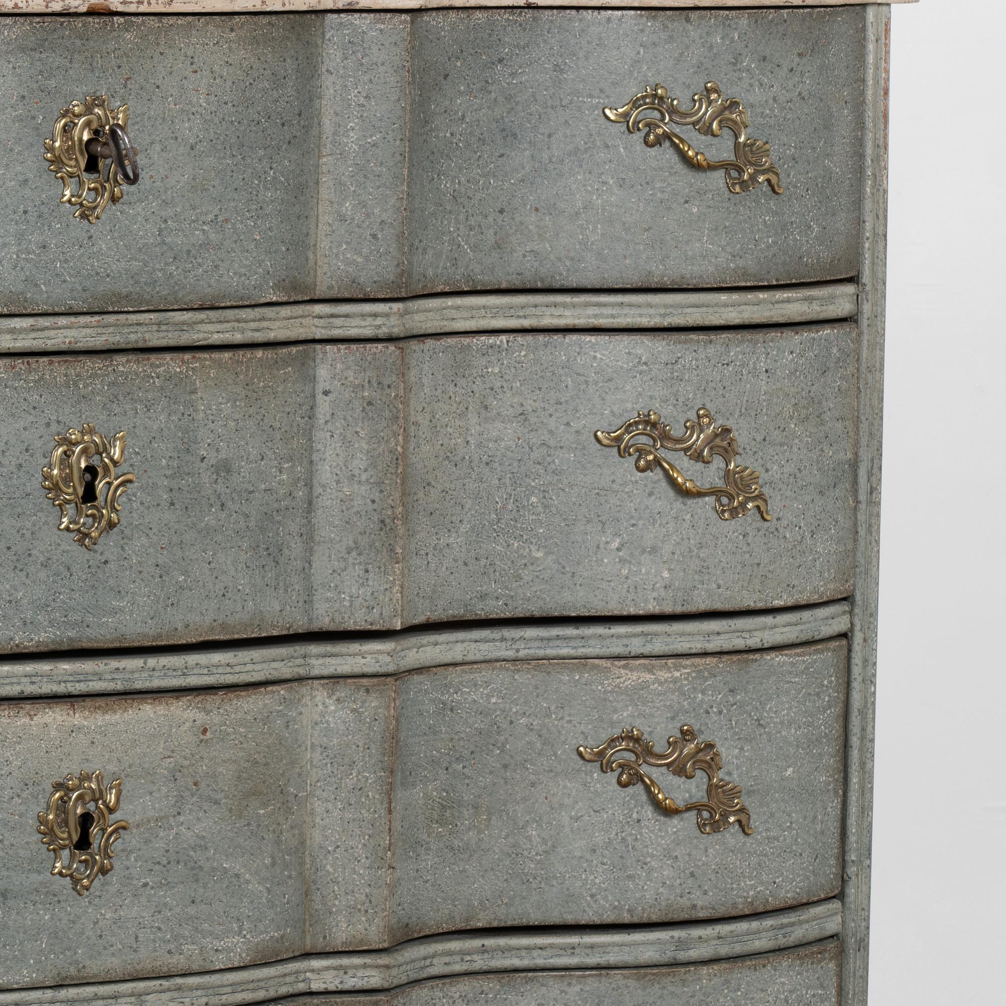 Blue Painted Large Rococo Oak Chest of Four Drawers, Sweden circa 1750-1800 3