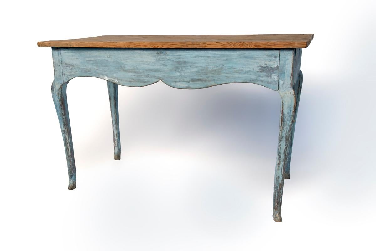 Blue painted Louis XV table with cabriole legs.