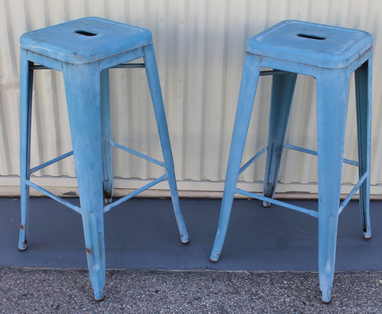 Blue Painted Metal Industrial Stools, Pair at 1stDibs