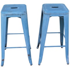 Blue Painted Metal Industrial Stools, Pair