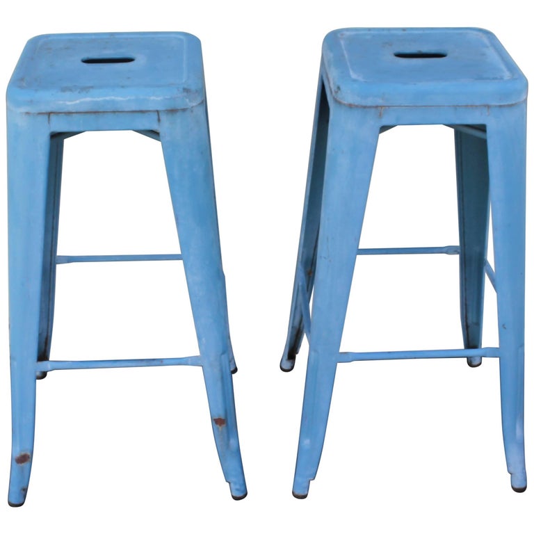 Blue Painted Metal Industrial Stools, Pair at 1stDibs