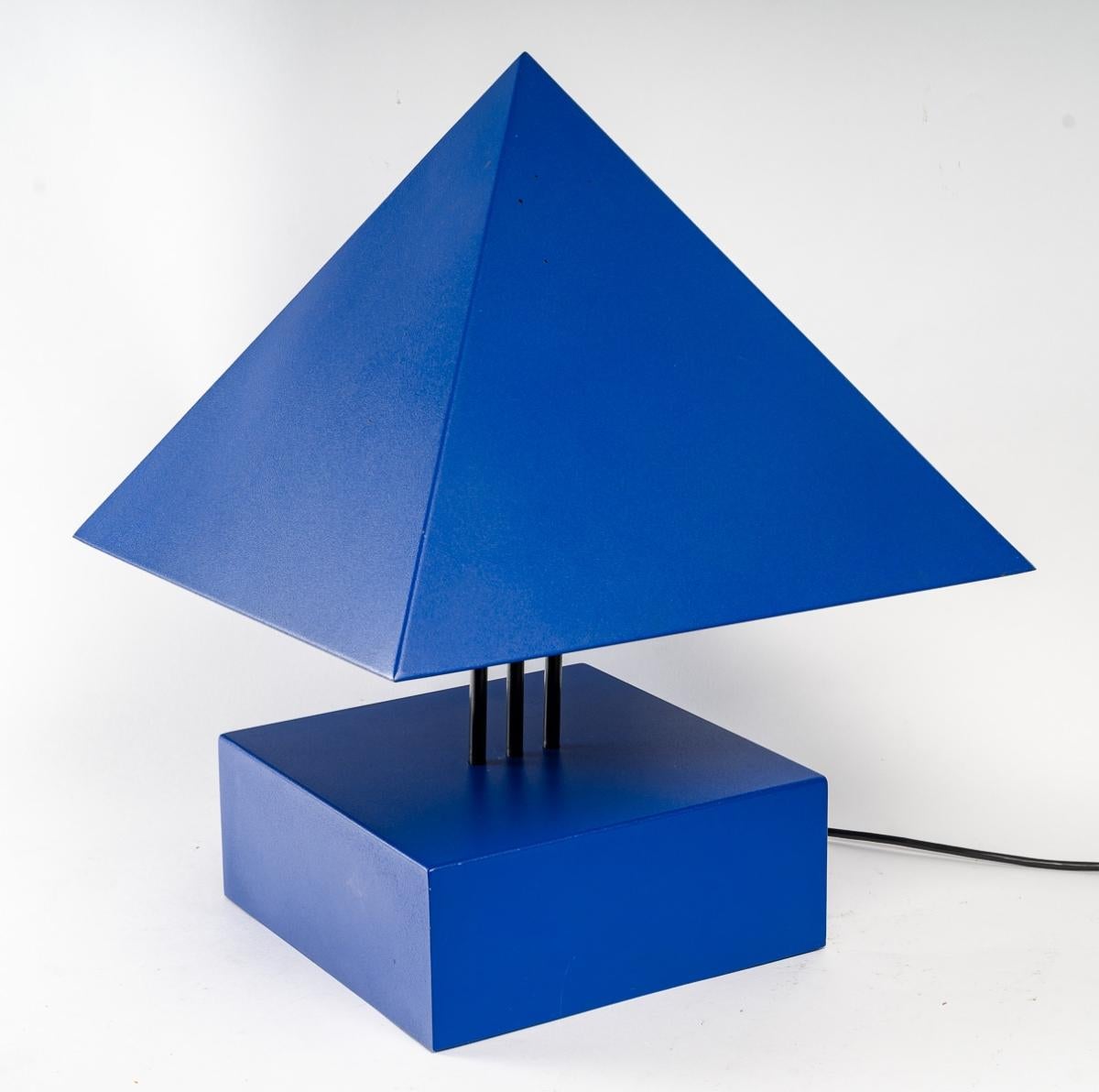 French Blue Painted Metal Triangle Lamp by Alain Letessier, 1987 For Sale