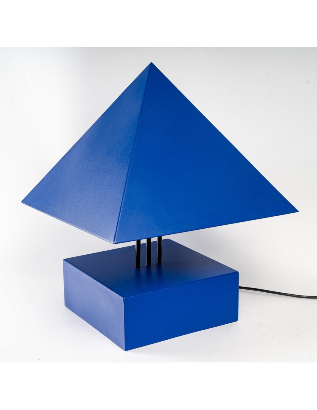 French Blue Painted Metal Triangle Lamp by Alain Letessier, 1987 For Sale