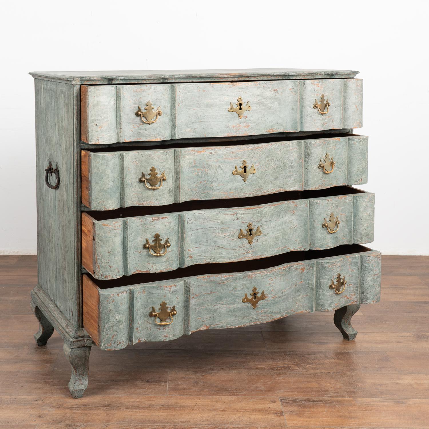 Danish Blue Painted Oak Rococo Chest of Four Drawers, Denmark circa 1770-80 For Sale