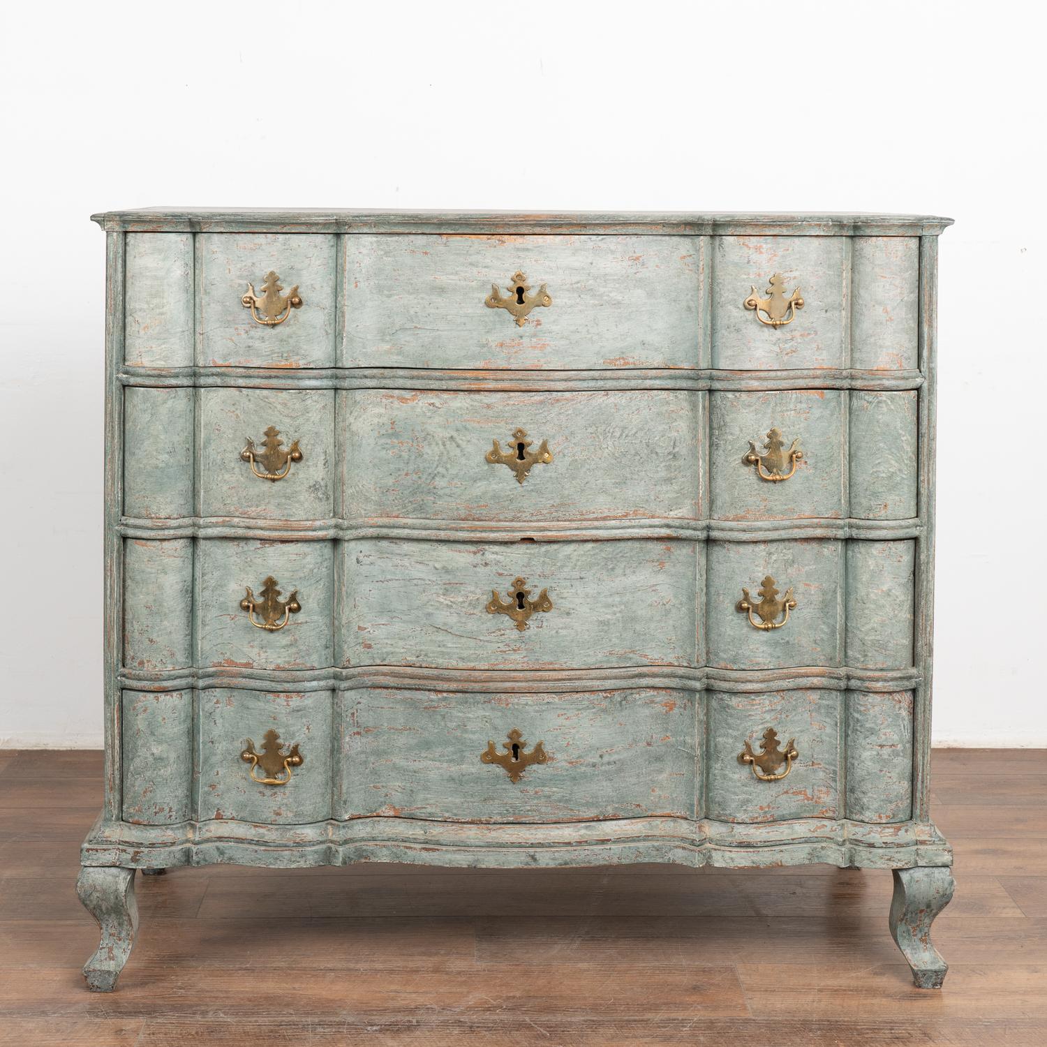 Blue Painted Oak Rococo Chest of Four Drawers, Denmark circa 1770-80 In Good Condition For Sale In Round Top, TX