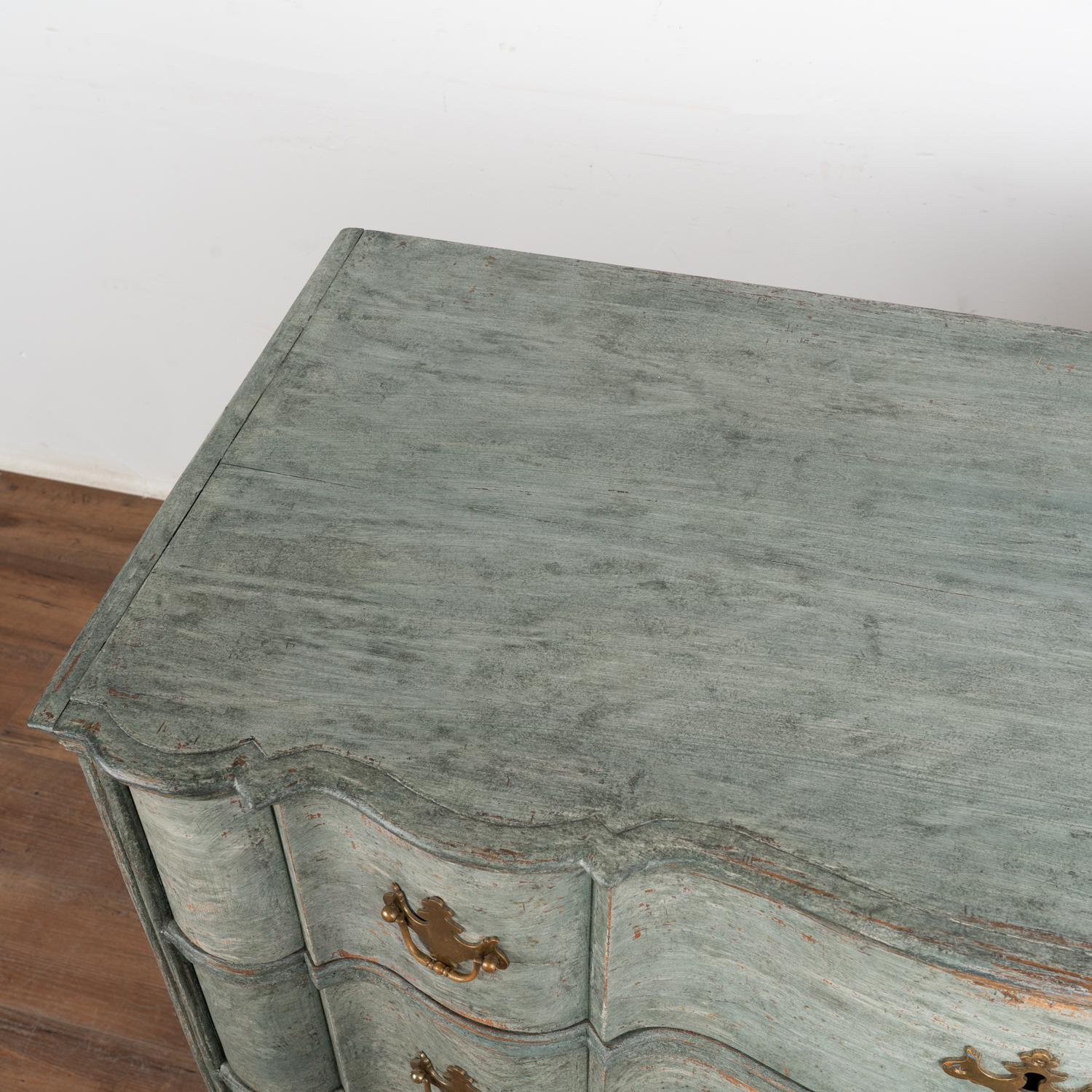 Brass Blue Painted Oak Rococo Chest of Four Drawers, Denmark circa 1770-80 For Sale