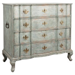 Antique Blue Painted Oak Rococo Chest of Four Drawers, Denmark circa 1770-80