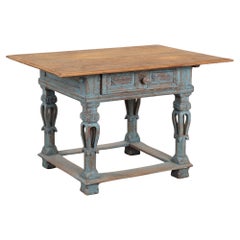 Antique Blue Painted Oak Side Table, Sweden circa 1820-40