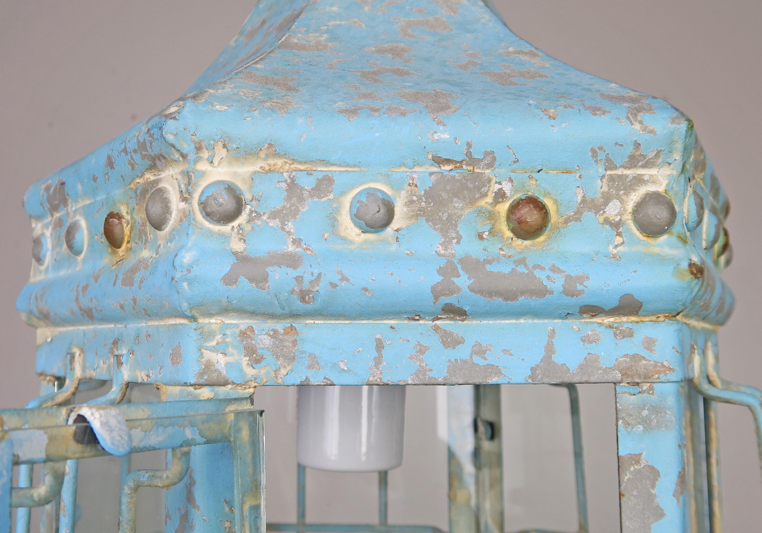 Blue Painted Pagoda Shaped Lantern with Original Glass 3