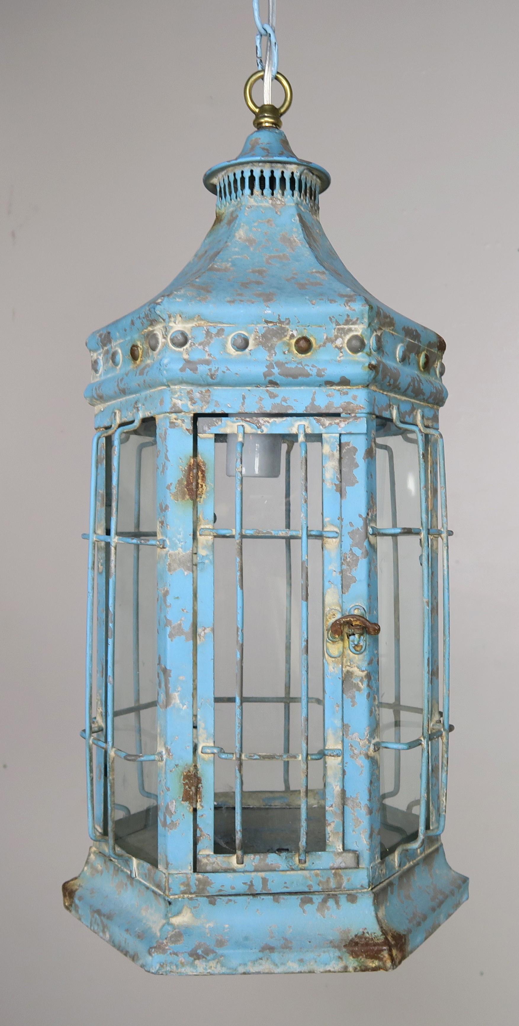 Blue Painted Pagoda Shaped Lantern with Original Glass 6