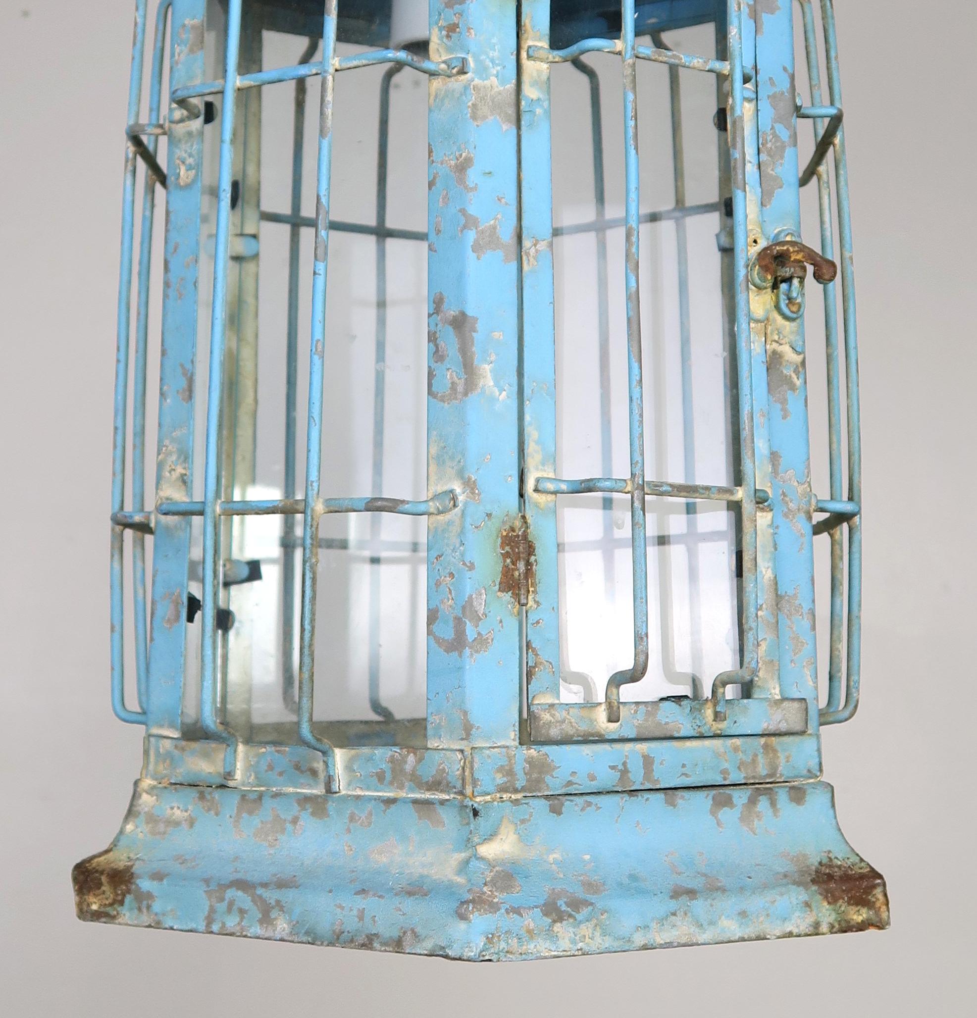 Chinoiserie Blue Painted Pagoda Shaped Lantern with Original Glass