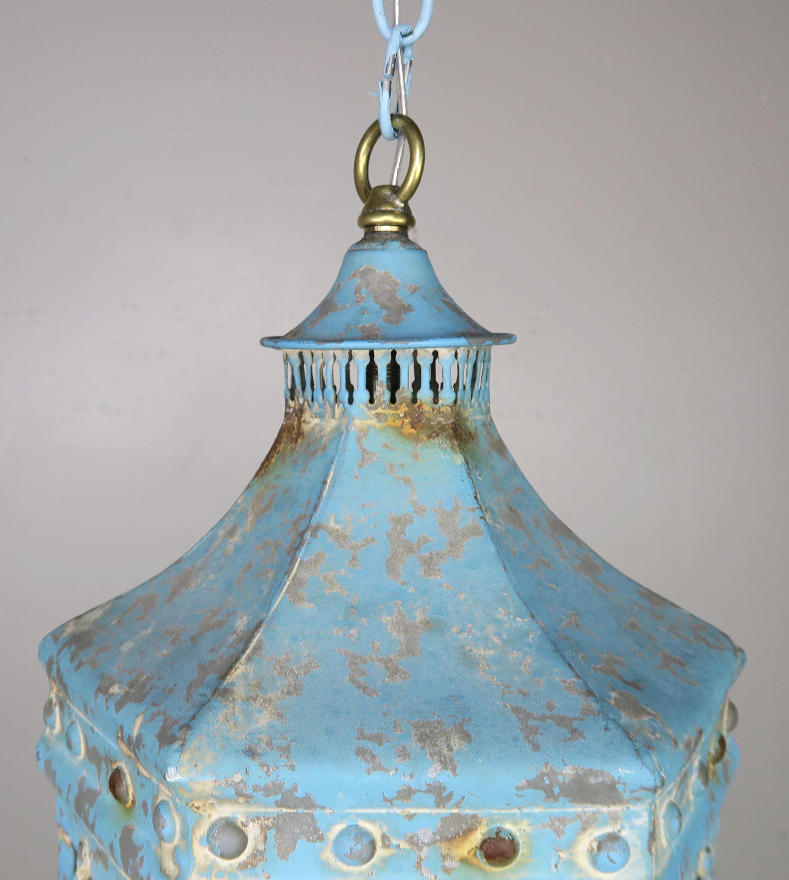 French Blue Painted Pagoda Shaped Lantern with Original Glass
