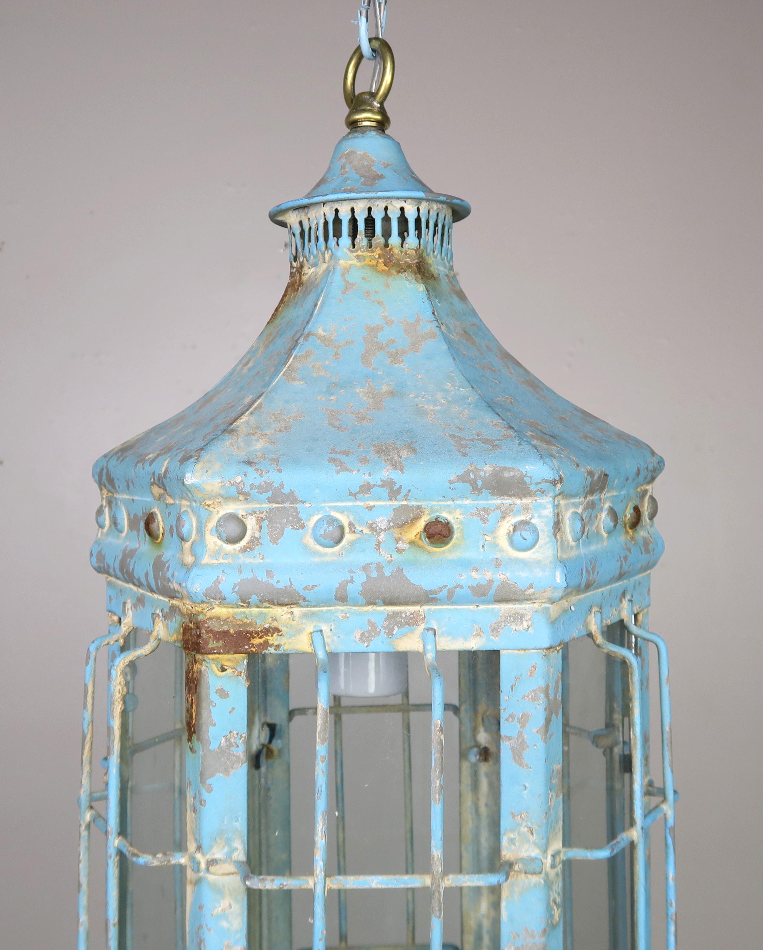 Metal Blue Painted Pagoda Shaped Lantern with Original Glass