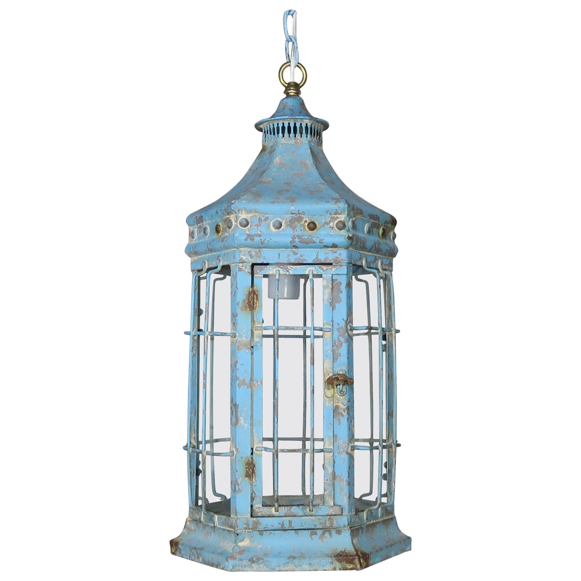 Blue Painted Pagoda Shaped Lantern with Original Glass