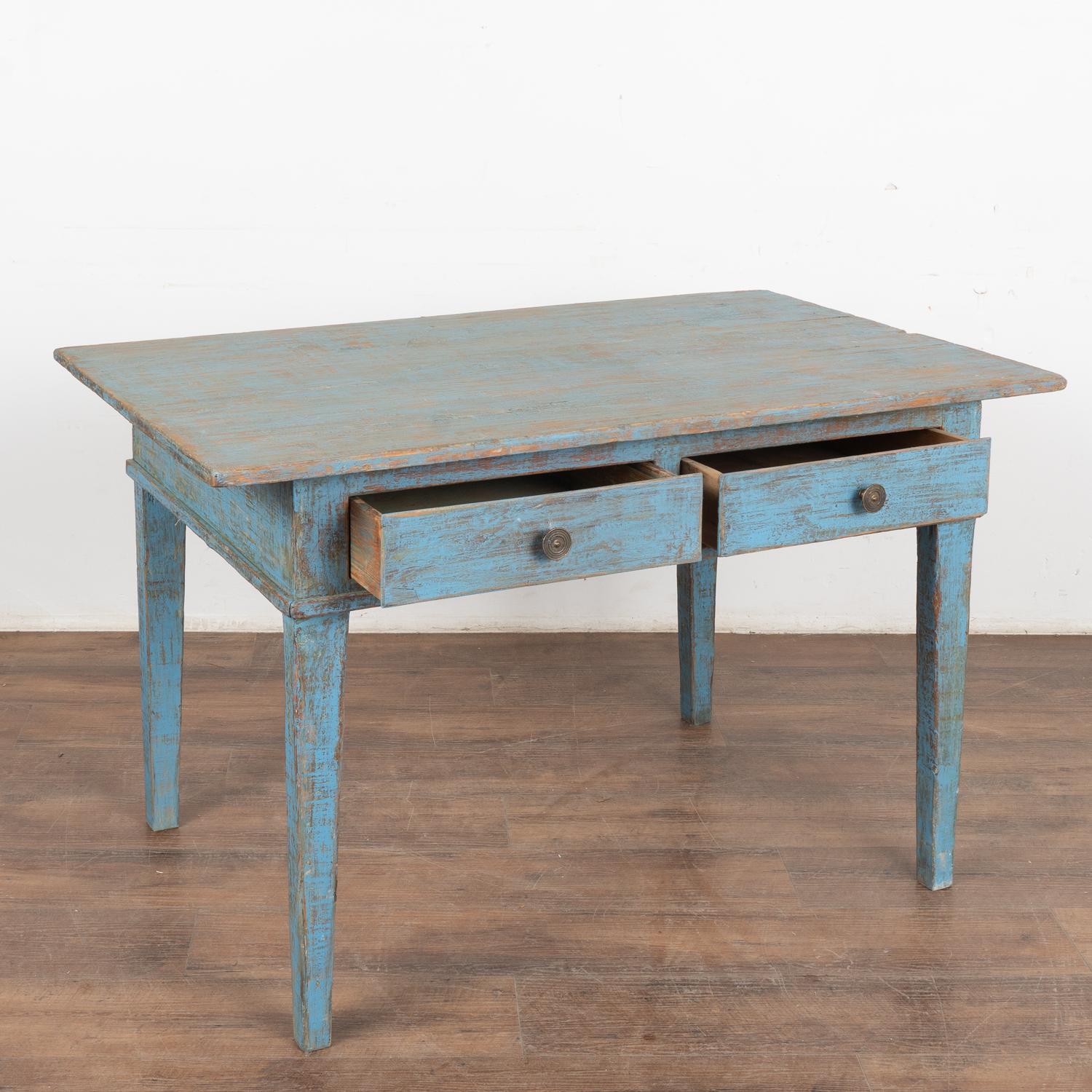 Country Blue Painted Pine Farm Table Writing Table With 2 Drawers, Sweden circa 1860-80 For Sale