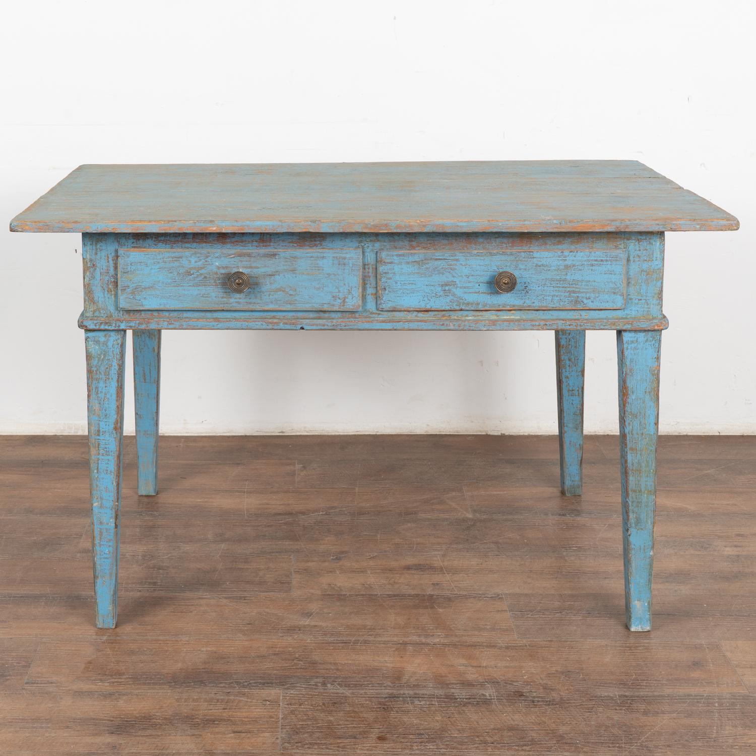 Swedish Blue Painted Pine Farm Table Writing Table With 2 Drawers, Sweden circa 1860-80 For Sale