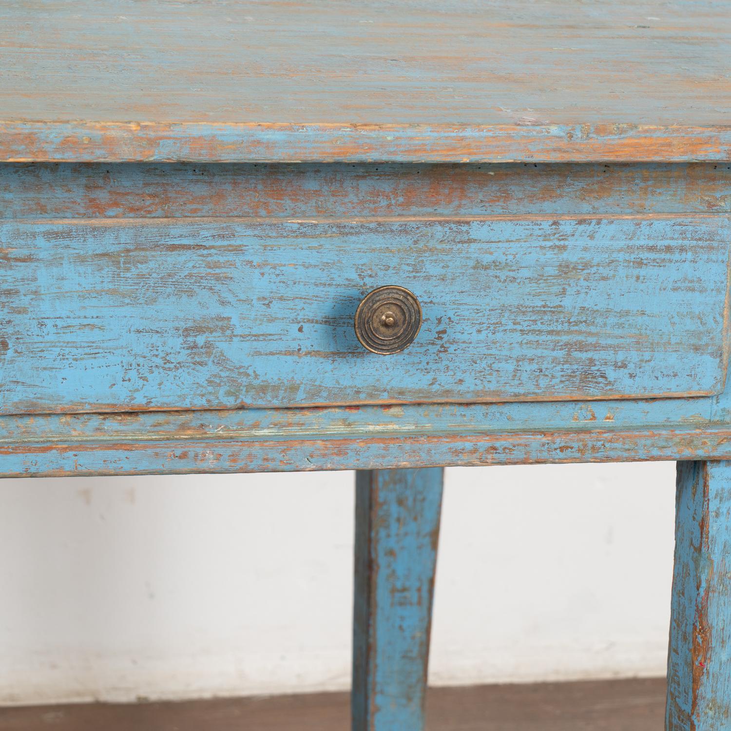19th Century Blue Painted Pine Farm Table Writing Table With 2 Drawers, Sweden circa 1860-80 For Sale