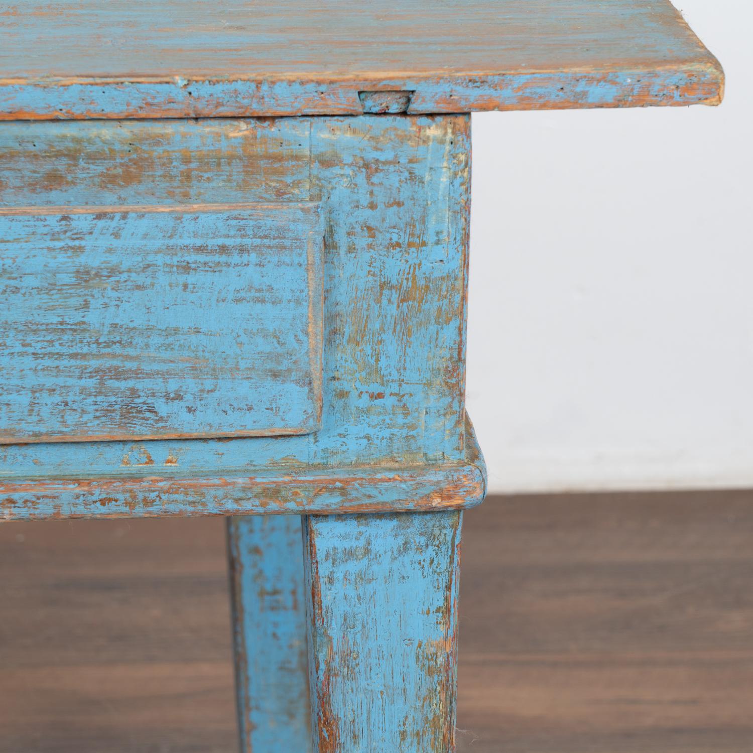 Brass Blue Painted Pine Farm Table Writing Table With 2 Drawers, Sweden circa 1860-80 For Sale