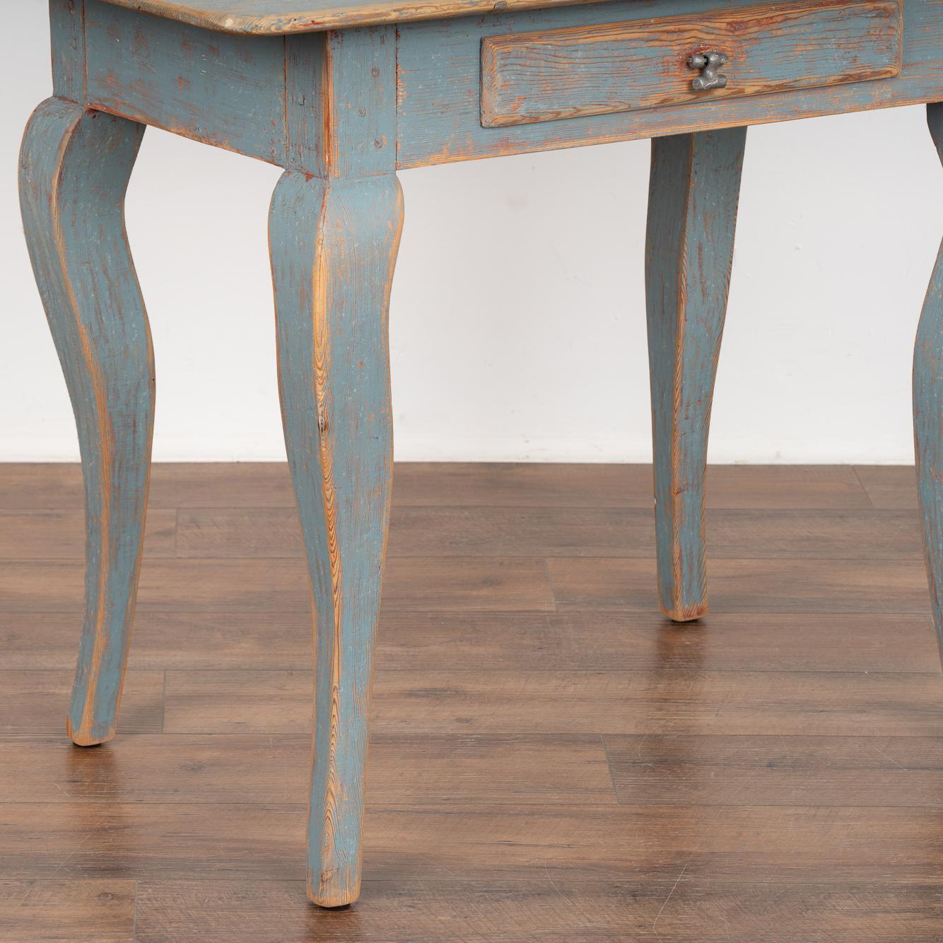 19th Century Blue Painted Pine Side Table With Cabriolet Legs, Sweden circa 1820-40