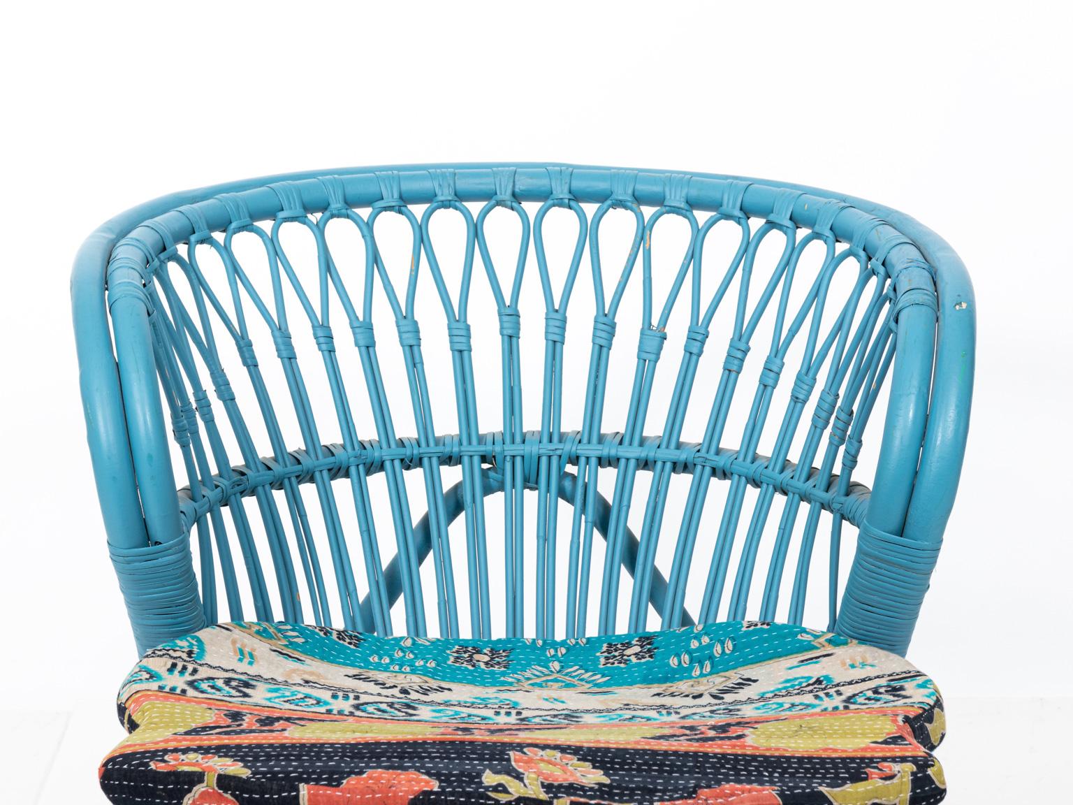 Blue Painted Rattan Low Chair In Good Condition In Stamford, CT