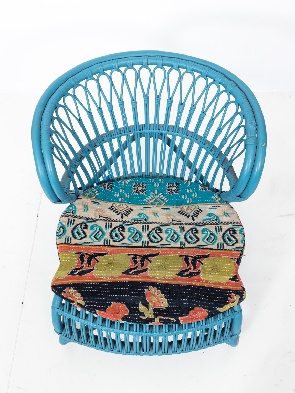 20th Century Blue Painted Rattan Low Chair