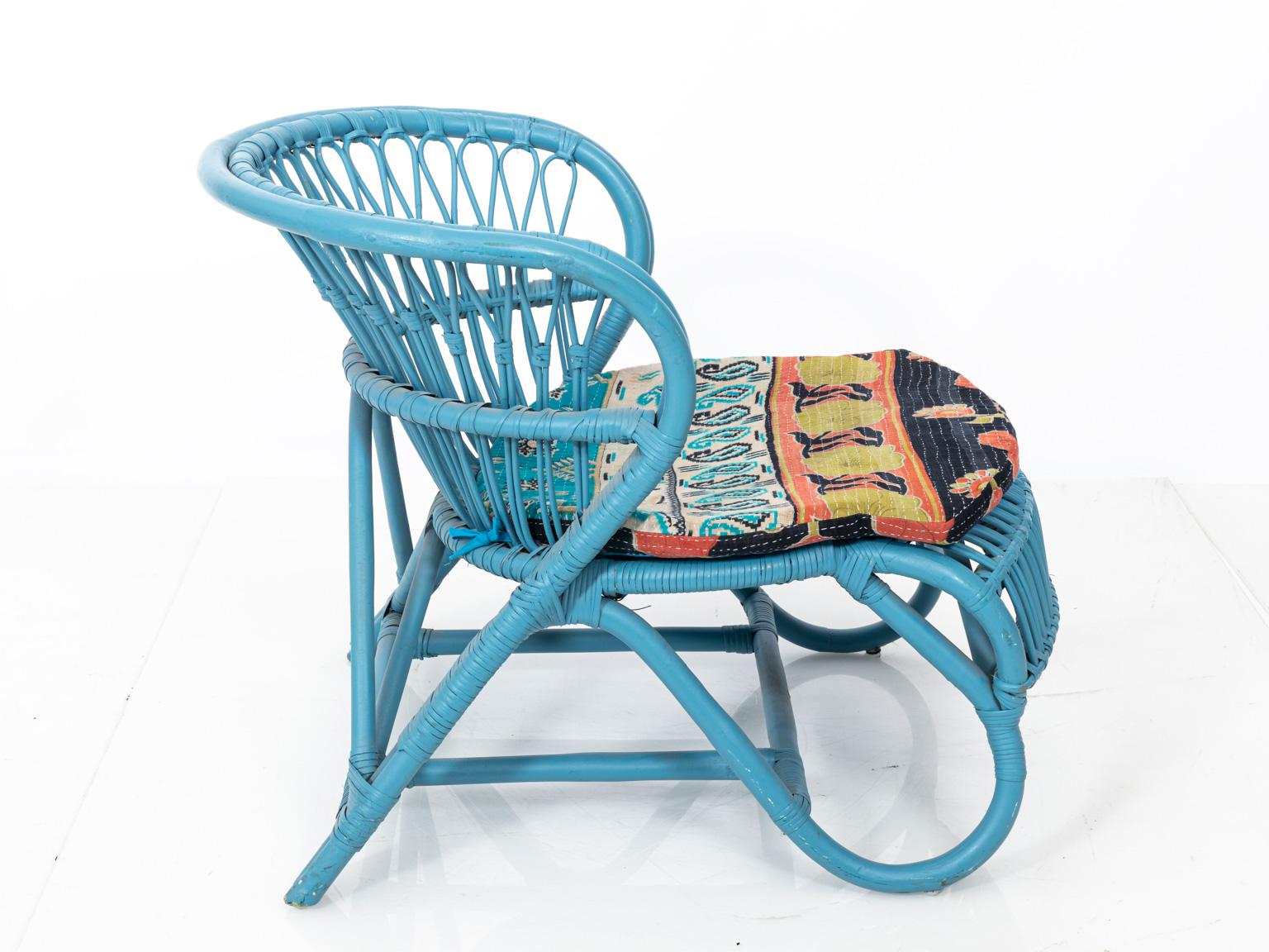Blue Painted Rattan Low Chair 3