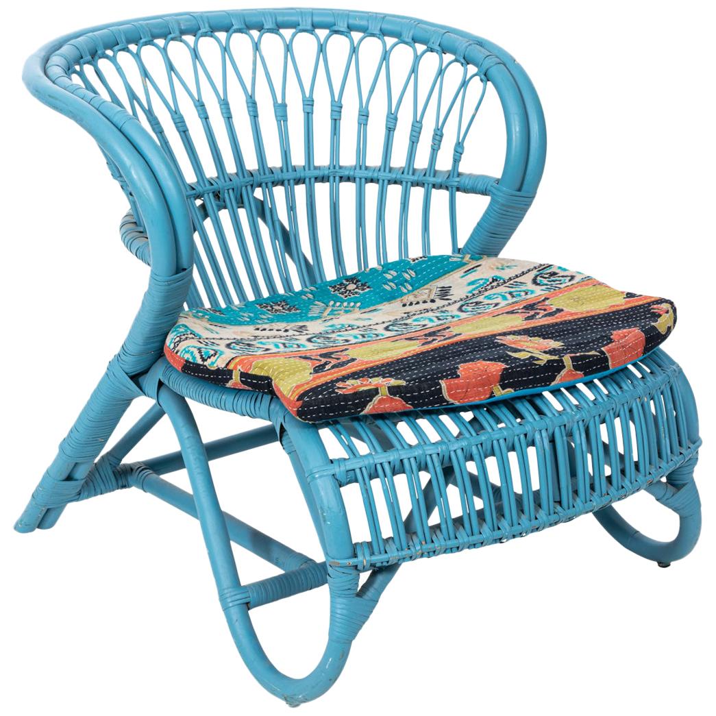 Blue Painted Rattan Low Chair