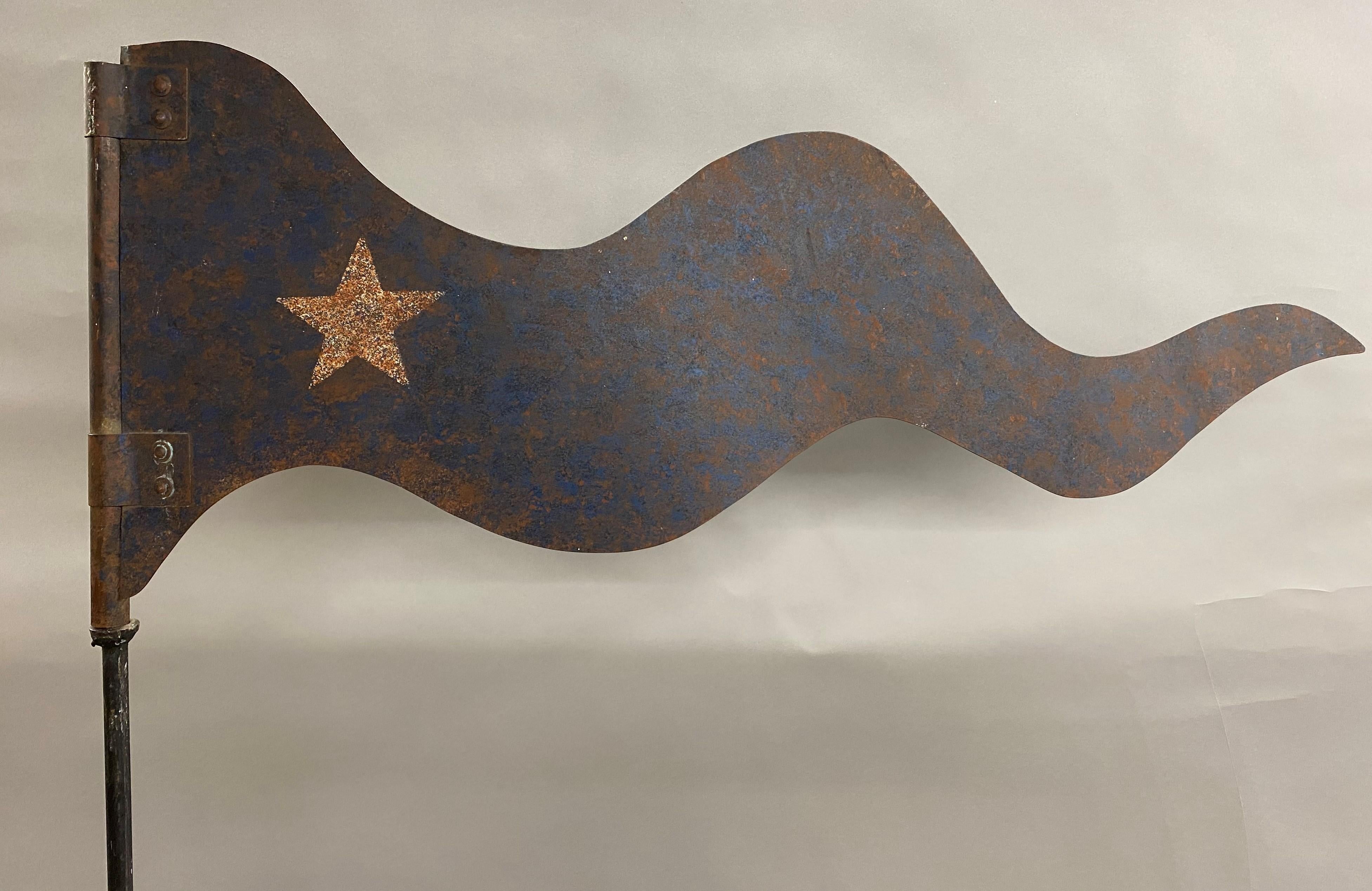 Blue Painted Sheet Iron Pennant with White Star on Stand In Good Condition For Sale In Milford, NH