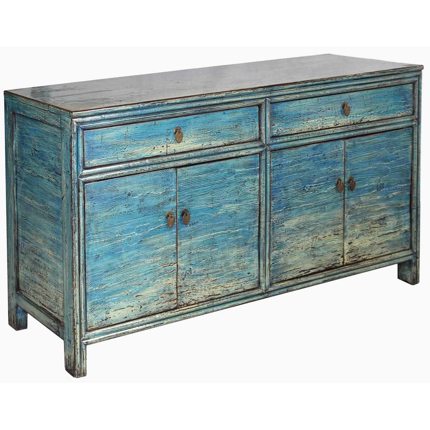 Contemporary four-door sideboard with soft blue and white marbled finished and rounded edges.