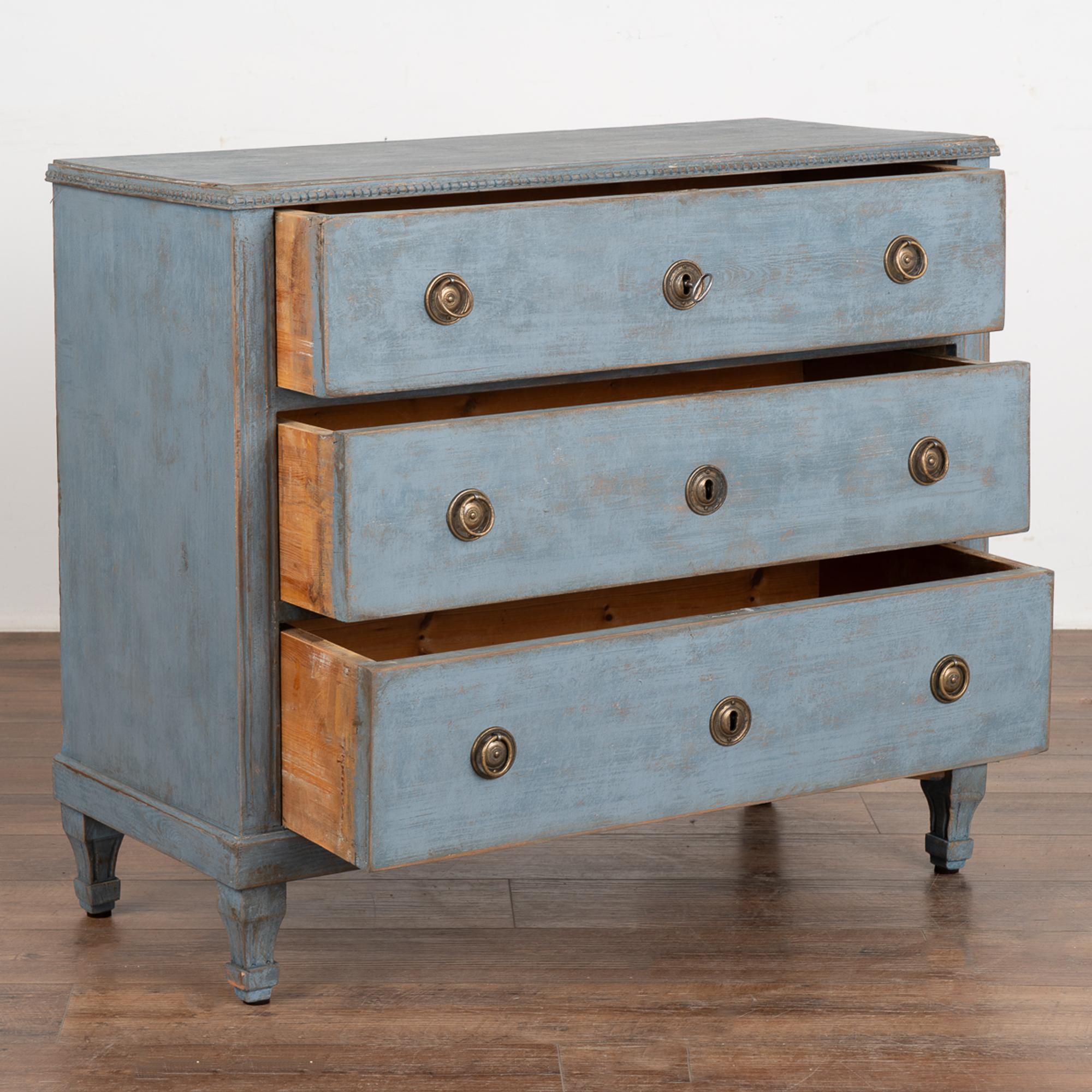 Gustavian Blue Painted Small Chest of Three Drawers, Sweden circa 1860-80