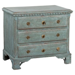 Blue Painted Small Oak Chest of Three Drawers Nightstand, Denmark circa 1820-40