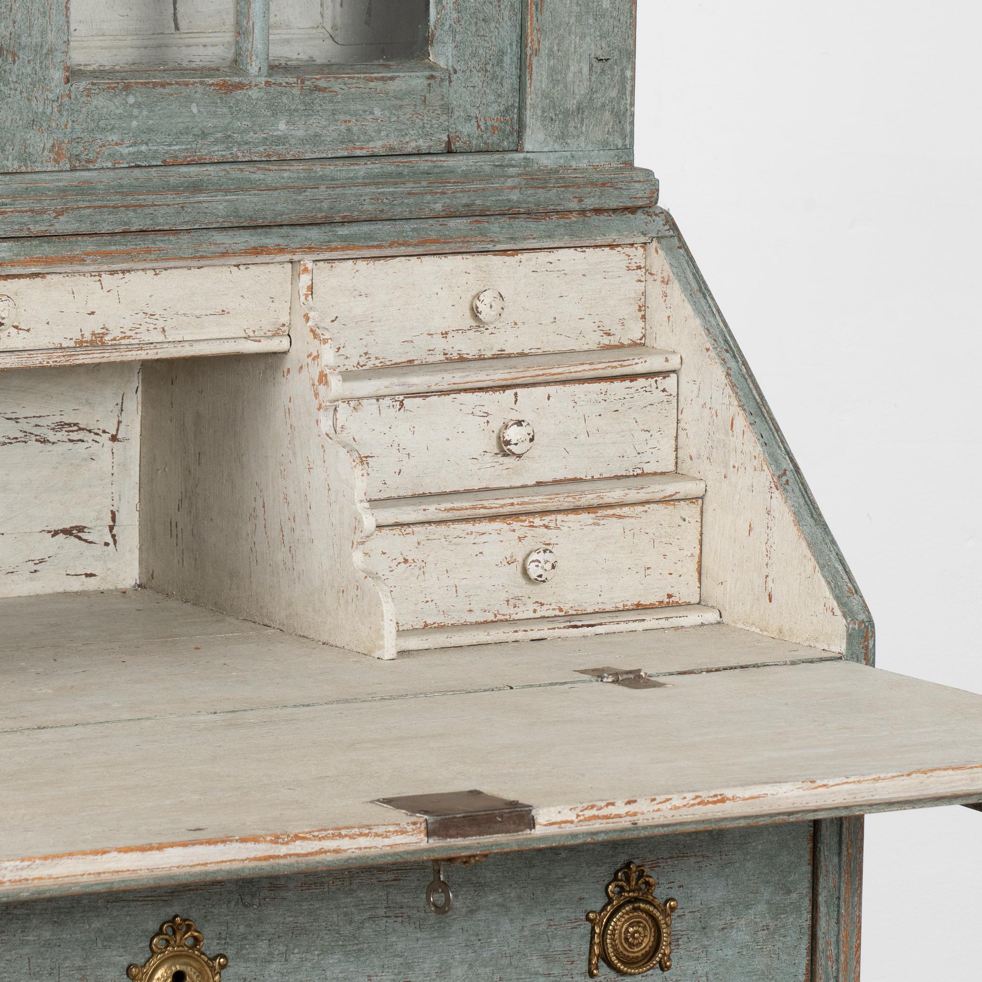 Brass Blue Painted Swedish Oak Secretary, circa 1800-20