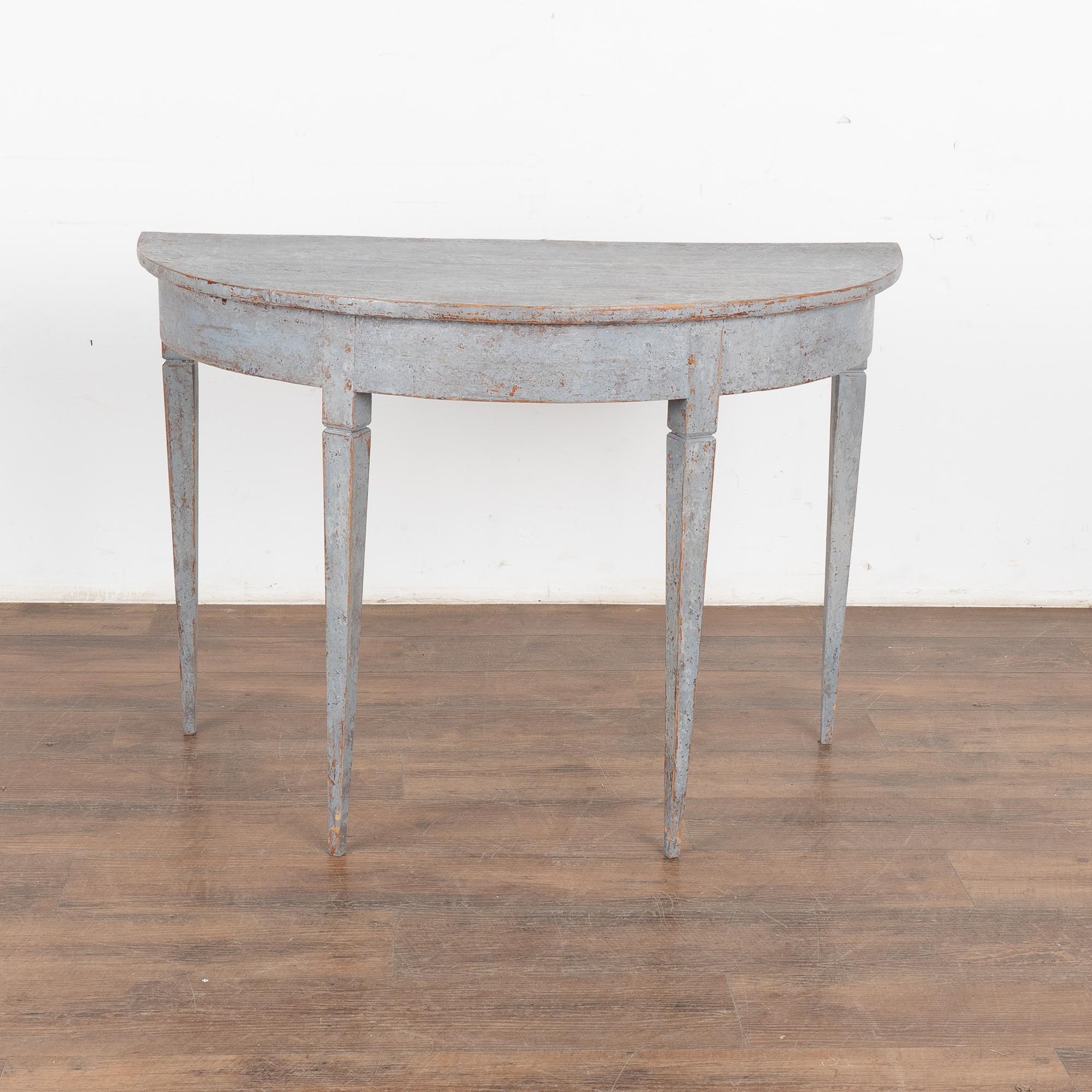 Country Blue Painted Swedish Pine Demi Lune Console Table, circa 1880