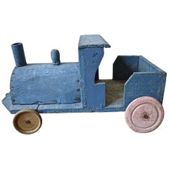 Vintage Blue Painted Wooden Toy Engine, French, 1920s