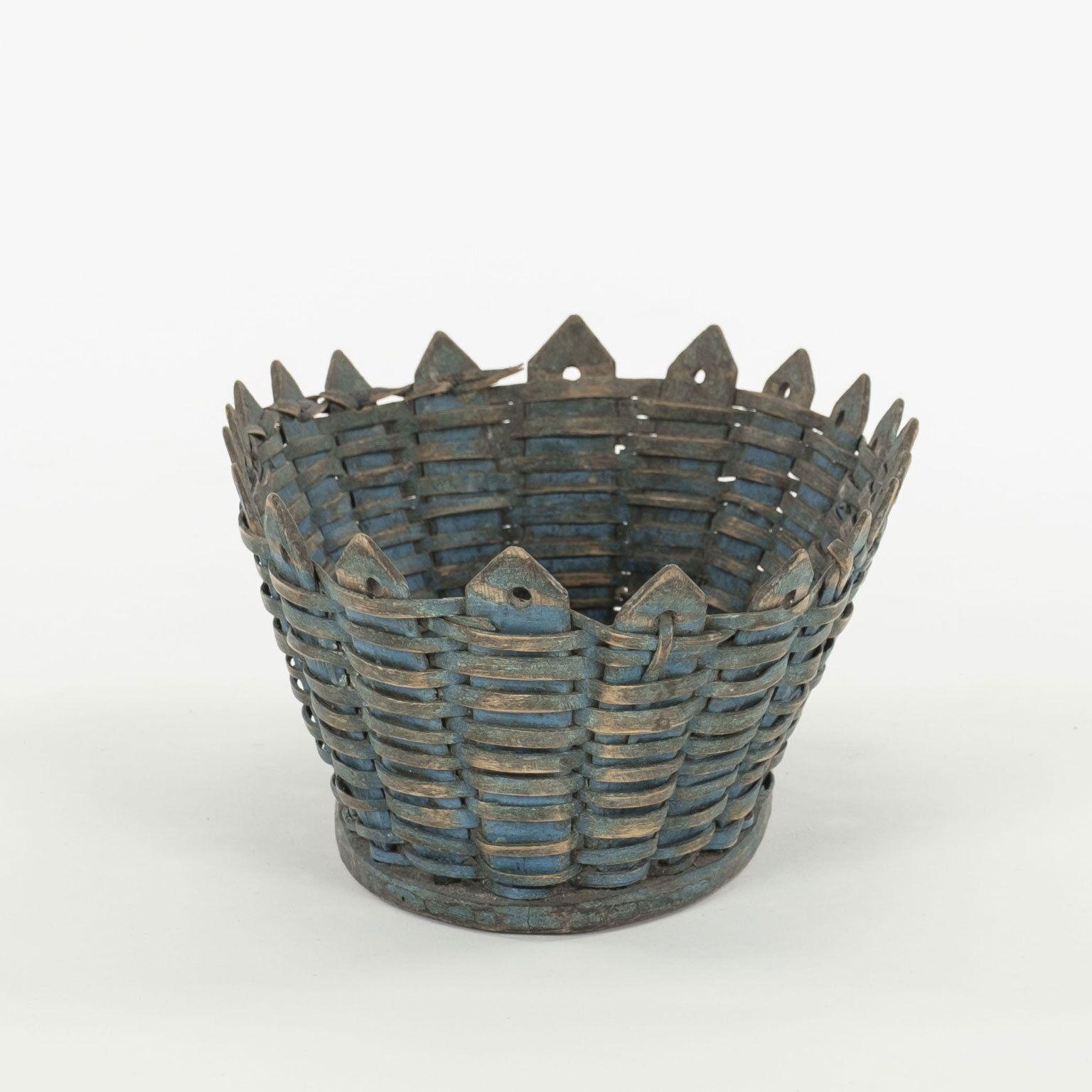 Folk Art Blue-Painted Woven Wood Swedish Basket