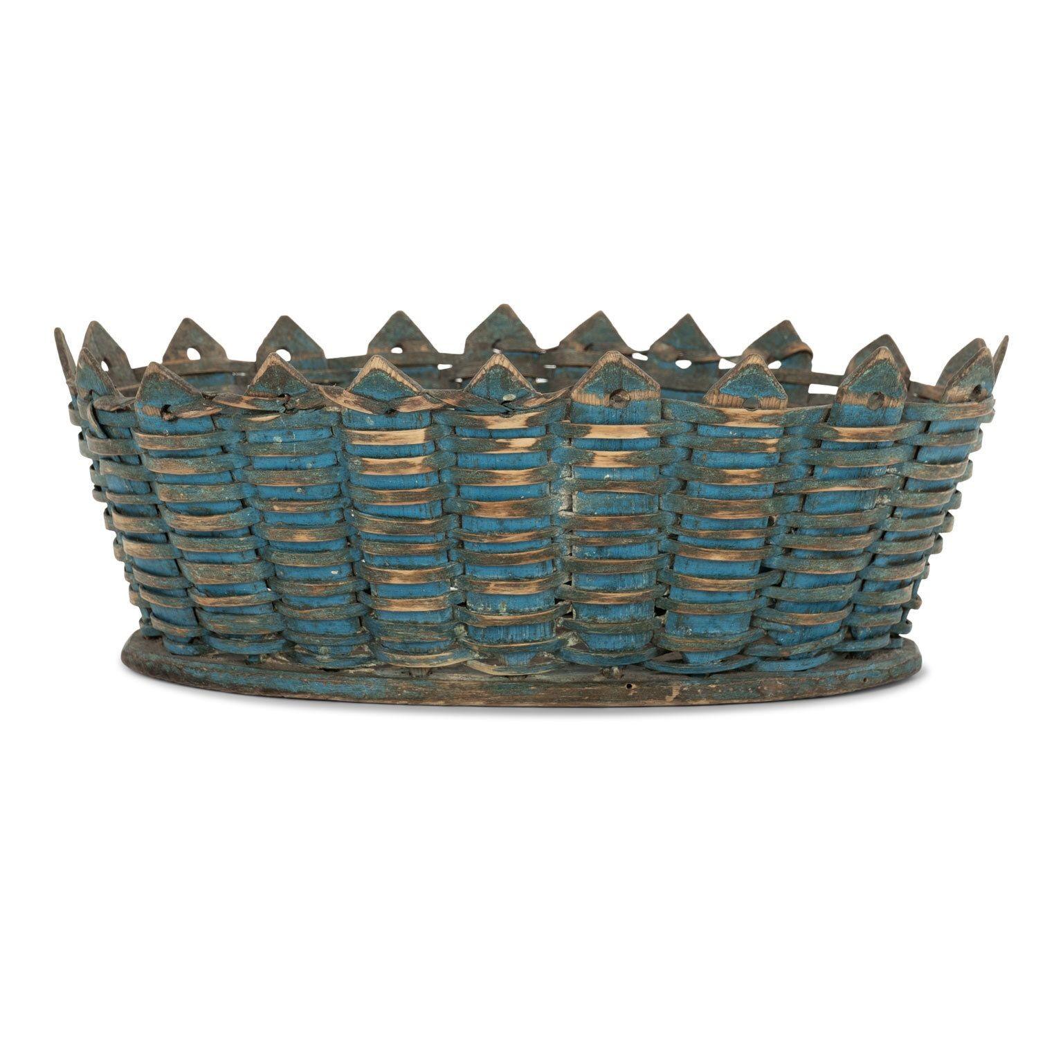 Hand-Crafted Blue-Painted Woven Wood Swedish Basket