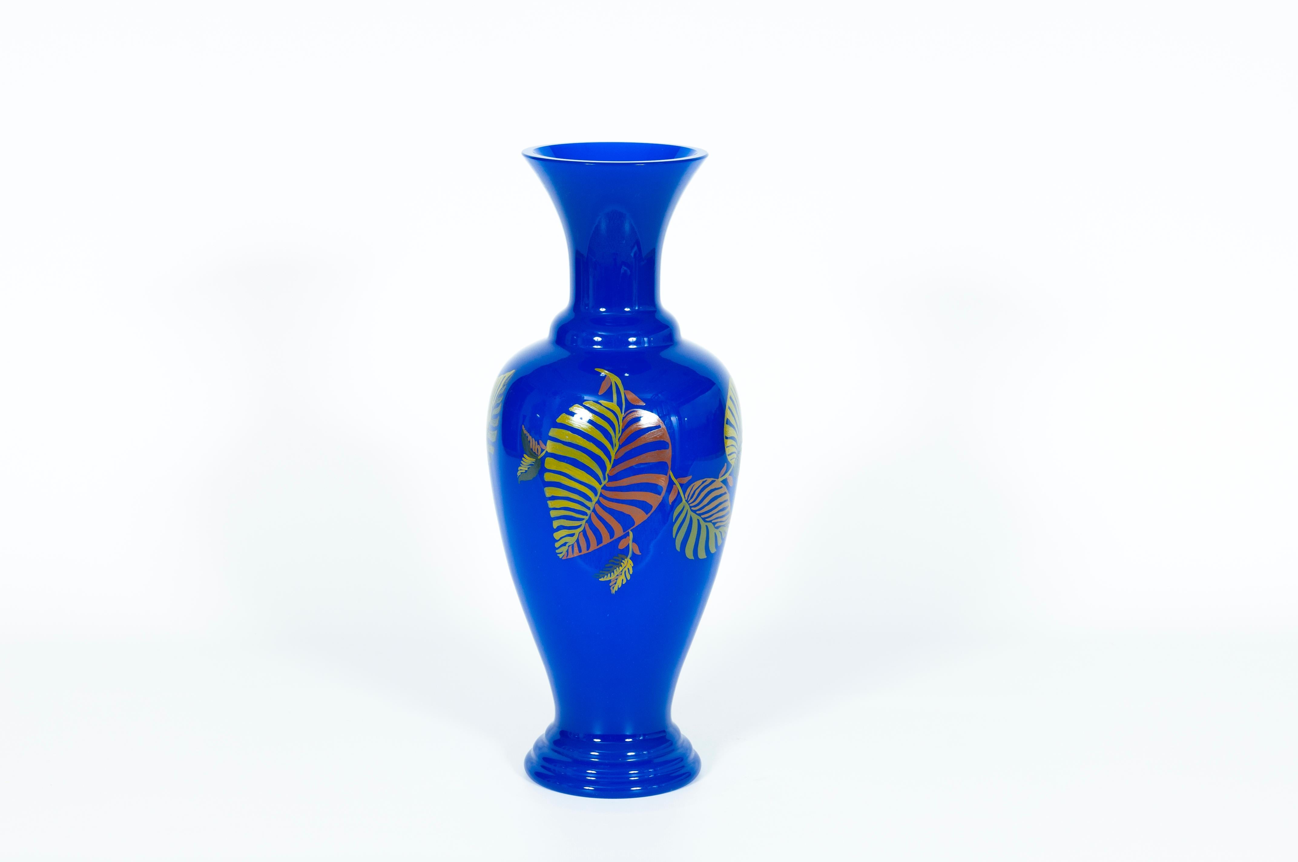 Blue Pair of Murano Glass Vases with Art Painting, Giovanni Dalla Fina, 1980s For Sale 6