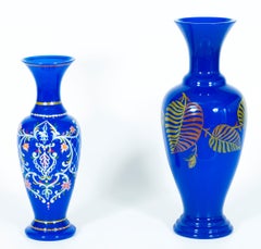 Blue Pair of Murano Glass Vases with Art Painting, Giovanni Dalla Fina, 1980s