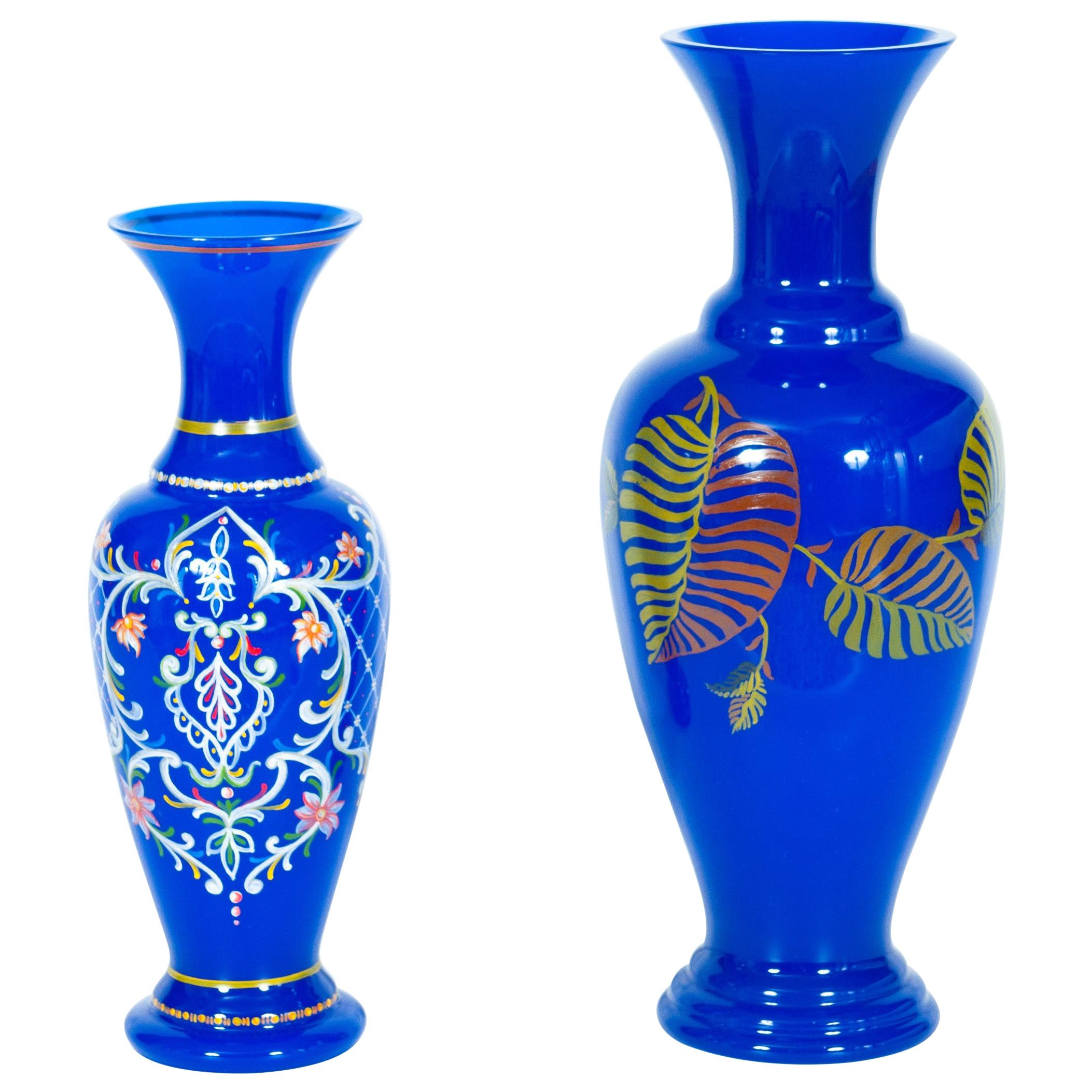 Blue Pair of Murano Glass Vases with Art Painting, Giovanni Dalla Fina, 1980s