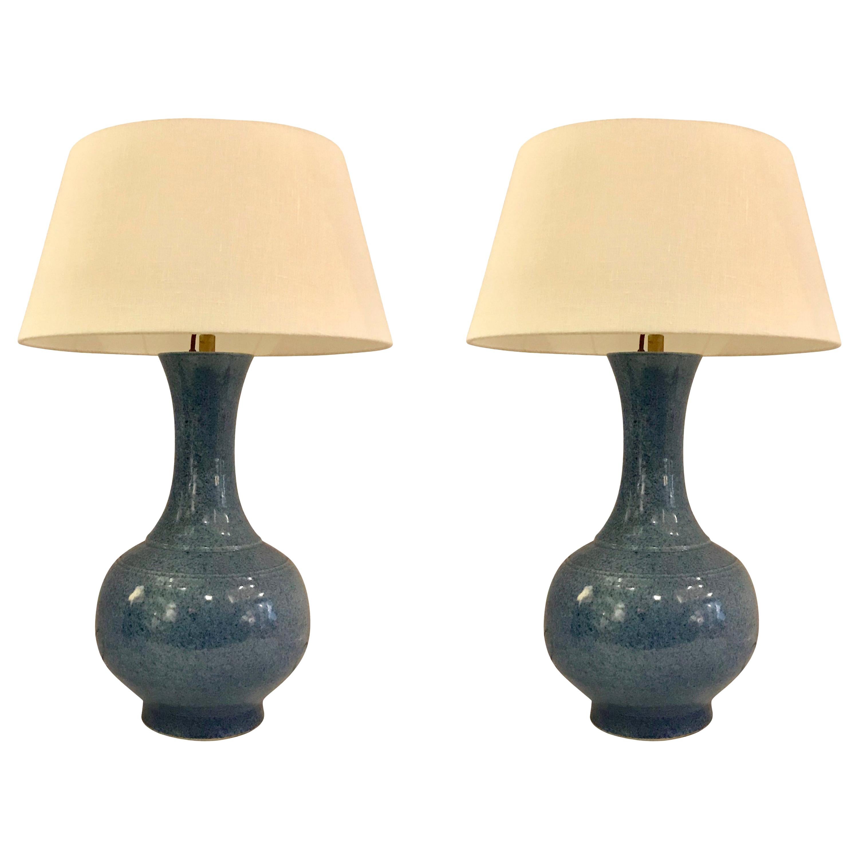 Blue Pair of Curved Neck Lamps, China, Contemporary