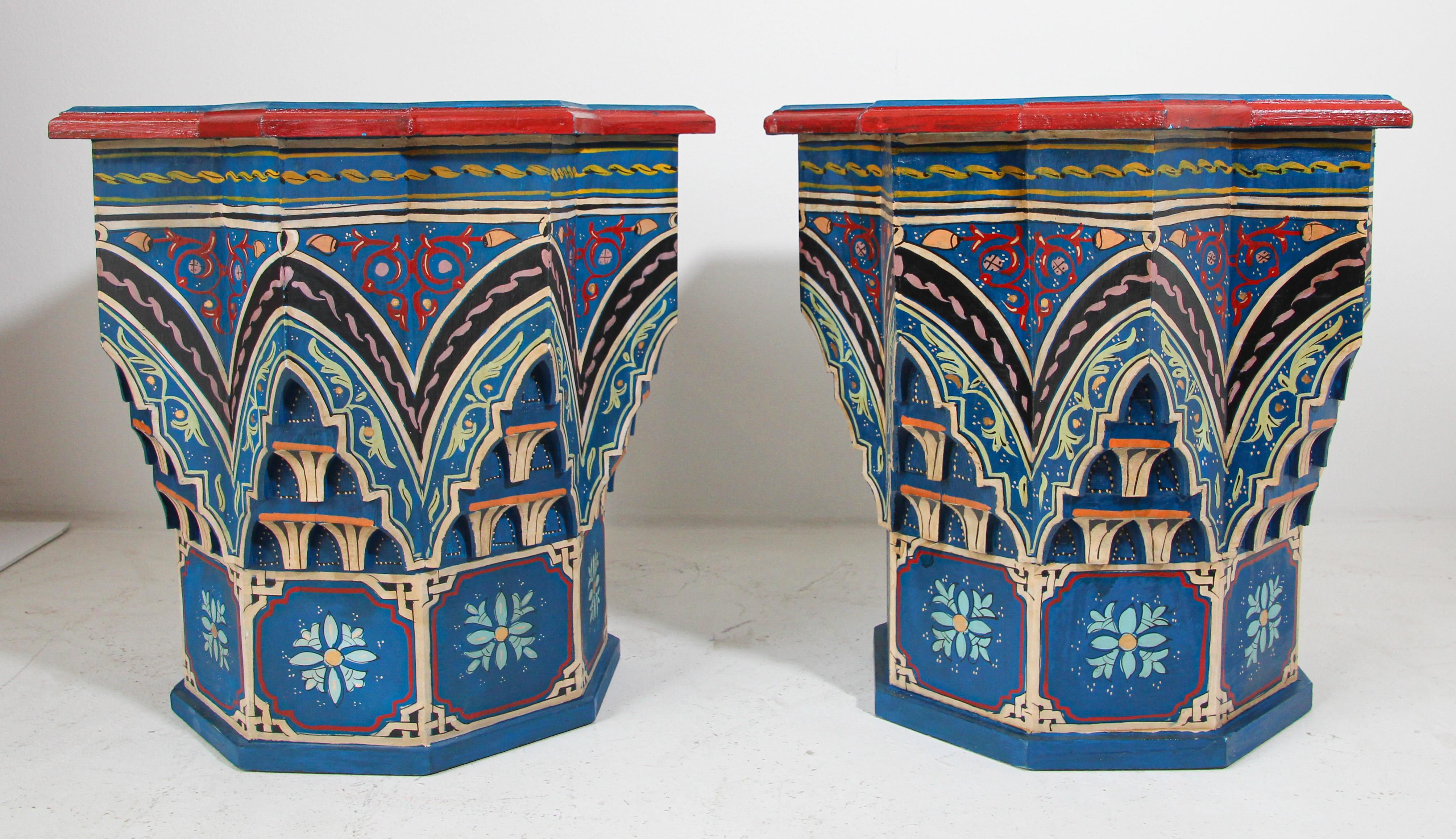 Hand-Carved Blue Pair of Moorish Star Shape Side Tables For Sale