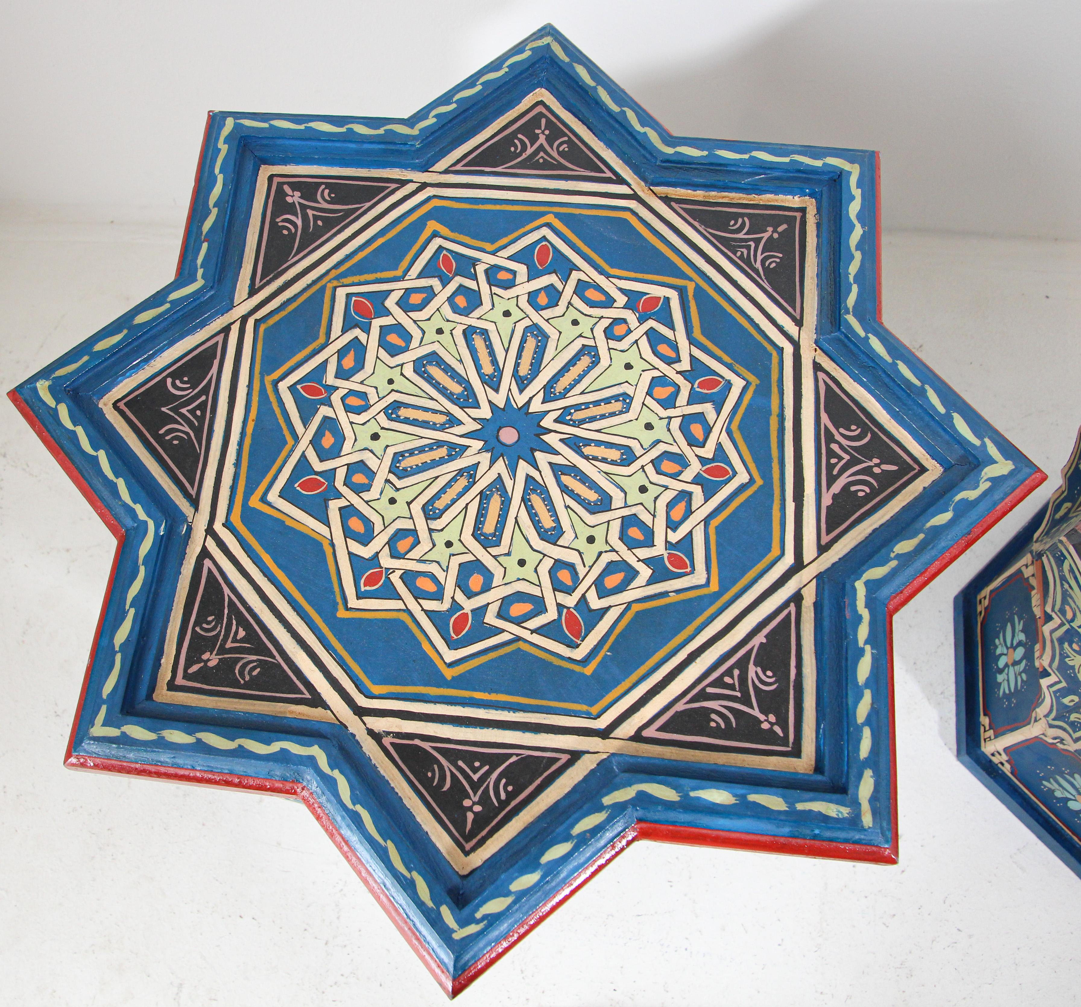 Wood Blue Pair of Moorish Star Shape Side Tables For Sale