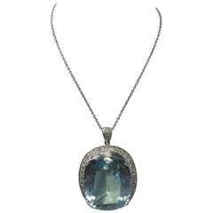 Blue Paraiba Tourmaline Cushion and Diamond 18 Karat White Gold Pendant