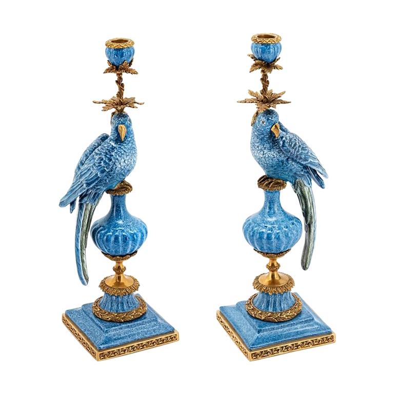 Blue Parrot Set of 2 Candleholder in Porcelain