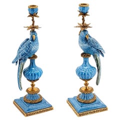 Blauer Papagei 2er Set Kerzenhalter aus Porzellan