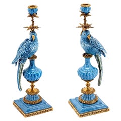 Antique Blue Parrot Set of 2 Candleholder in Porcelain