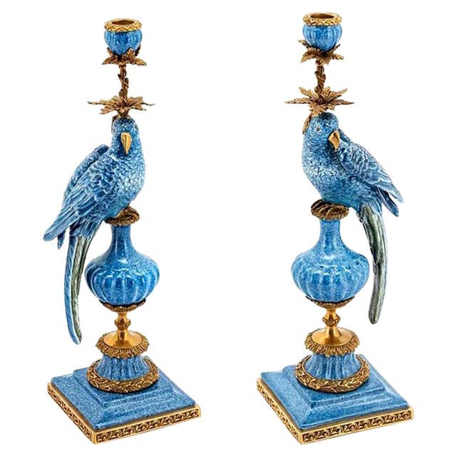 Mid-Century Chinese Export Porcelain Parrot Candlesticks on Gilt Bronze ...