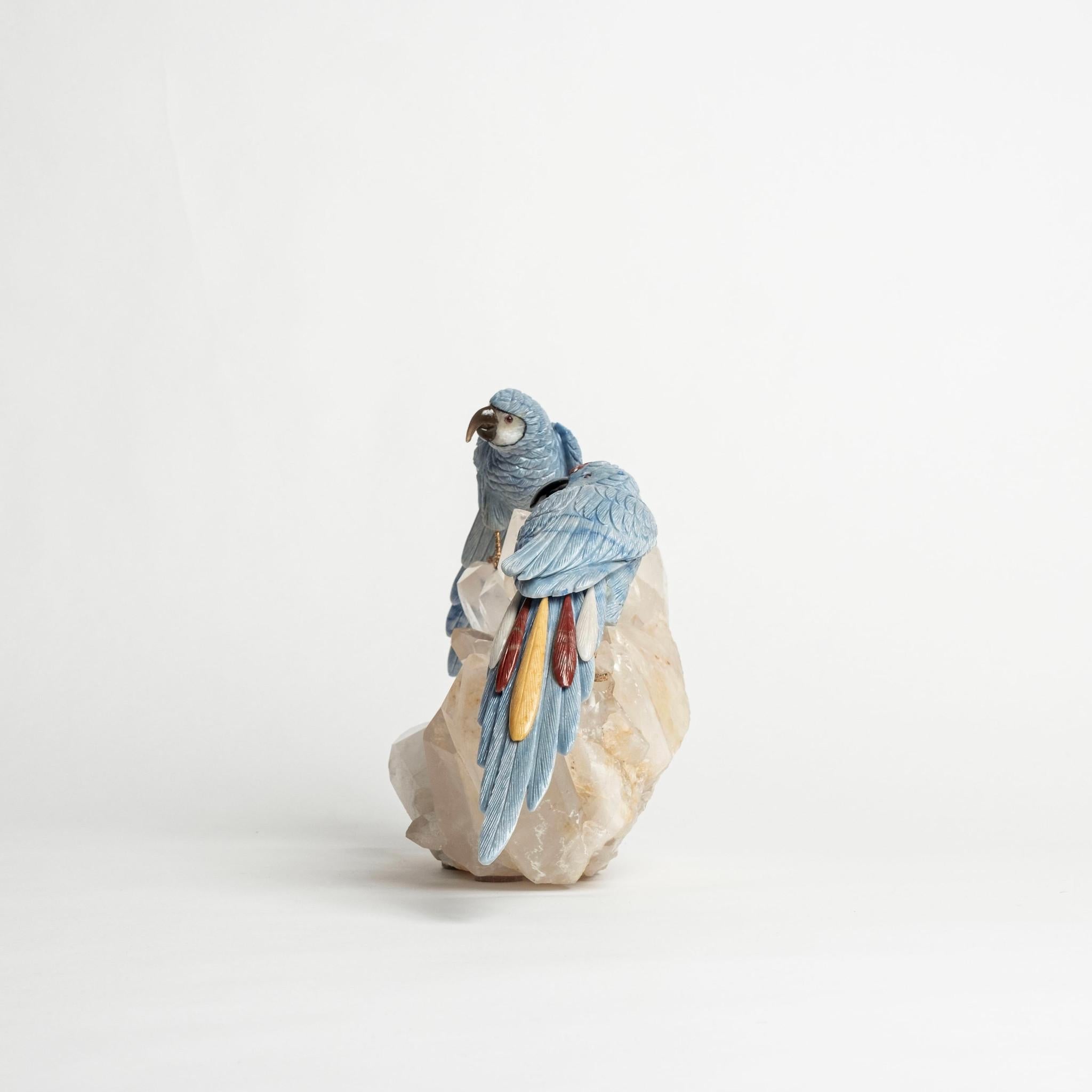 Brazilian Blue Parrots on Quartz Base For Sale