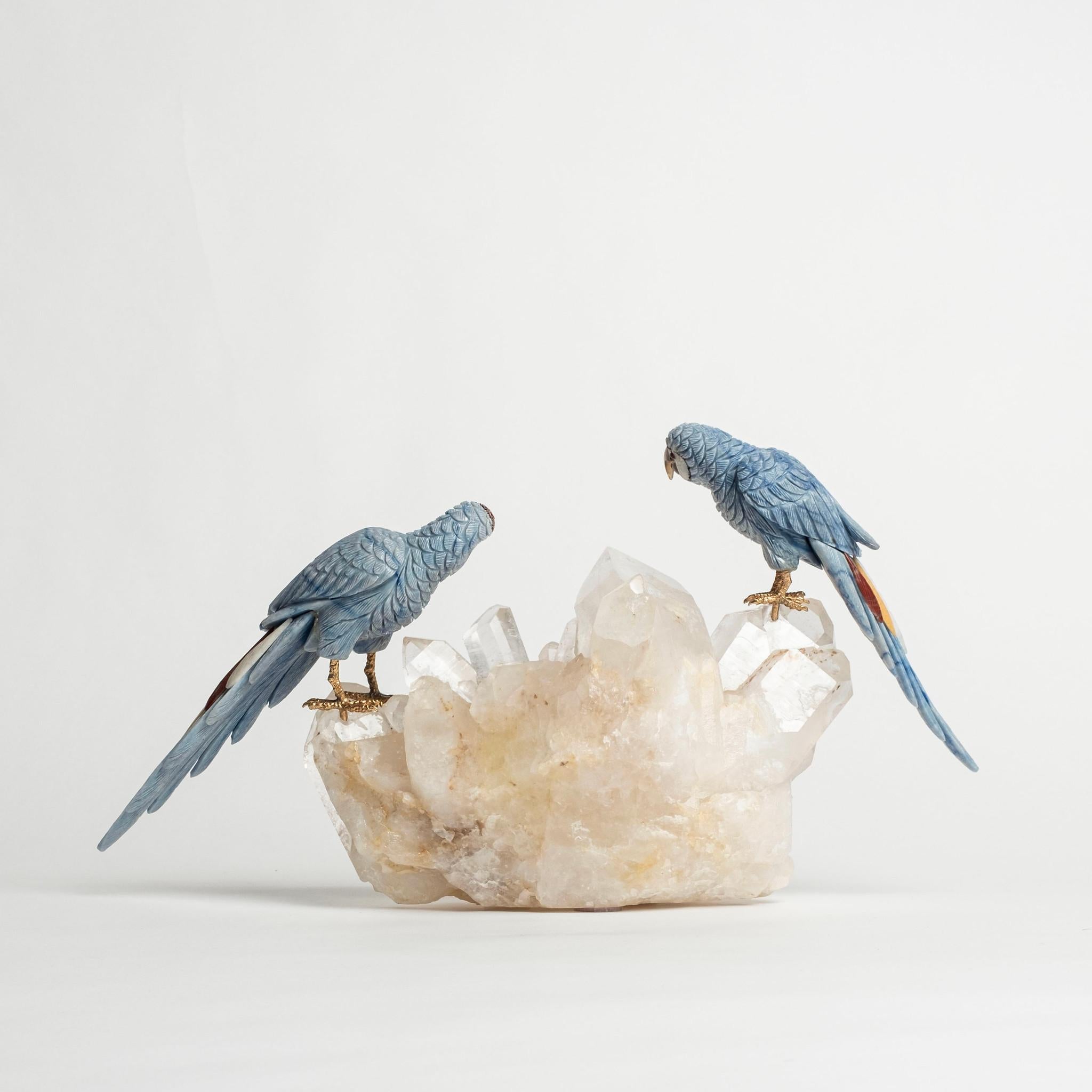 Hand-Carved Blue Parrots on Quartz Base For Sale